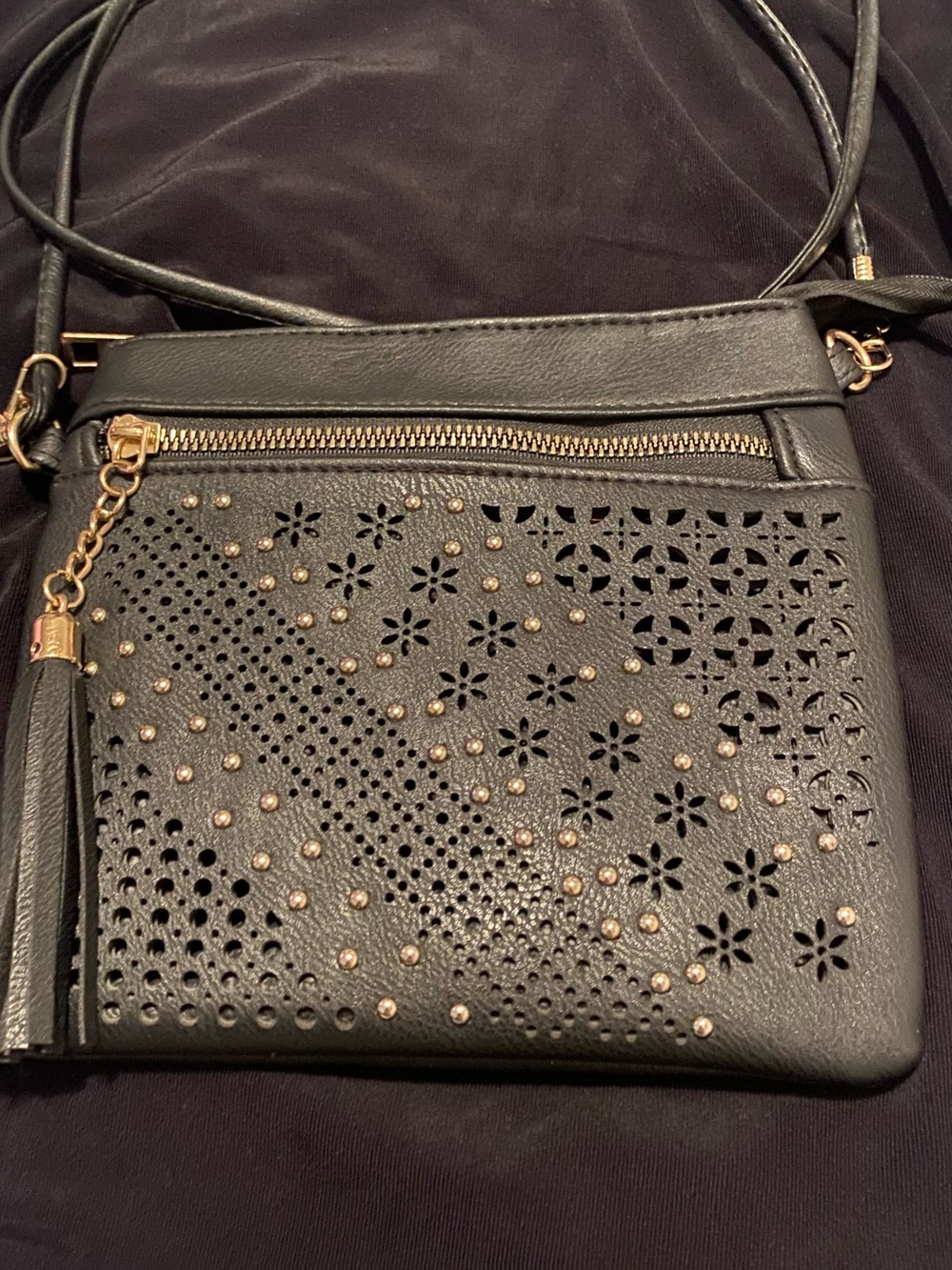 Aubree-Style Crossbody Bag – Laser-Cut Floral Studded Design
